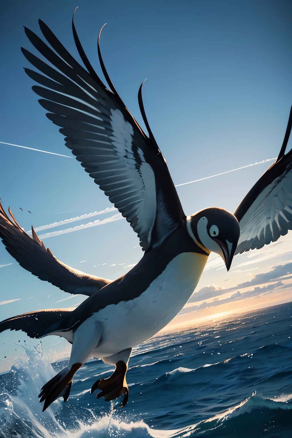 In this breathtaking, photorealistic masterpiece, a flying penguin soars gracefully against a high-contrast, atmospheric sky. The intricate details of the penguin's feathers shimmer with lifelike textures and sheen, as each individual feather quills and ruffles in the wind. The penguin's eyes are bright and alert, capturing the curiosity and wonder that only a high-quality, award-winning image can convey. The background blends harmoniously, with a soft gradient that accentuates the penguin's silhouette, creating a sense of depth and dimension. This image is a true testament to the power and