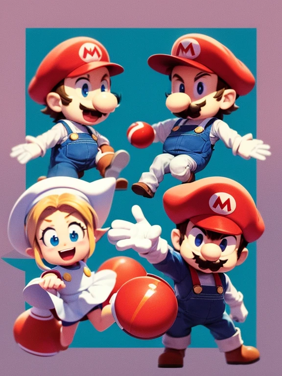 
"LEE LEMON" Closeup of cute chibi Mario, wearing his iconic red hat with the white "M" on it and blue overalls. His mustache is visible in front view. The background has the Super Mario Bros world in a simple cartoon style. It is vector art with flat colors, drawn in the style of Adrian Tomine and the product design studio.