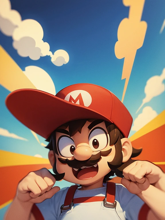 
"LEE LEMON" Closeup of cute chibi Mario, wearing his iconic red hat with the white "M" on it and blue overalls. His mustache is visible in front view. The background has the Super Mario Bros world in a simple cartoon style. It is vector art with flat colors, drawn in the style of Adrian Tomine and the product design studio.