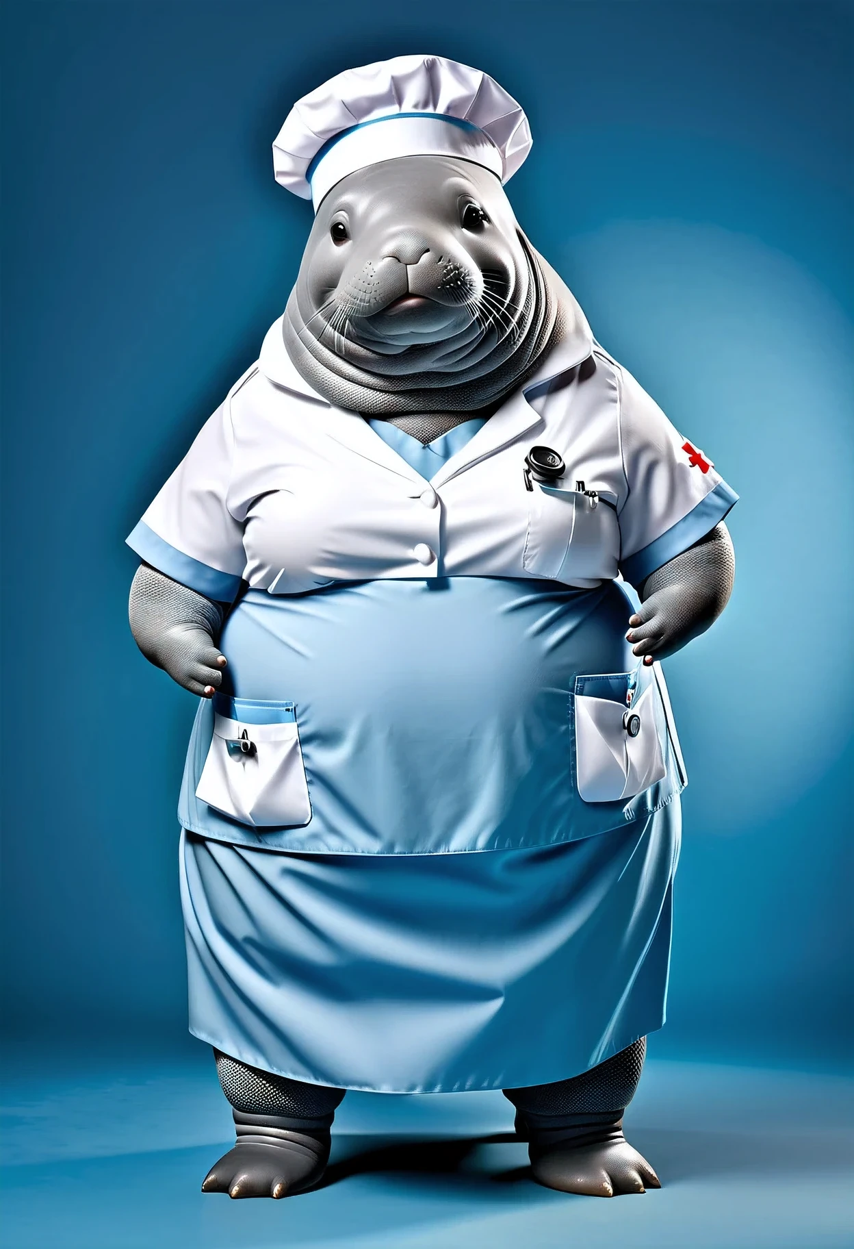 photorealistic portrait of Dressed animals - a ((fat)) manatee nurse,(hands on hips:1.2),(), high quality,(lovely) ,intricate details, highly detailed (( nurse costume)), wearing nurse cap and skirt , highly detailed medical equipment , (happy), studio lighting,(),(simple background)
