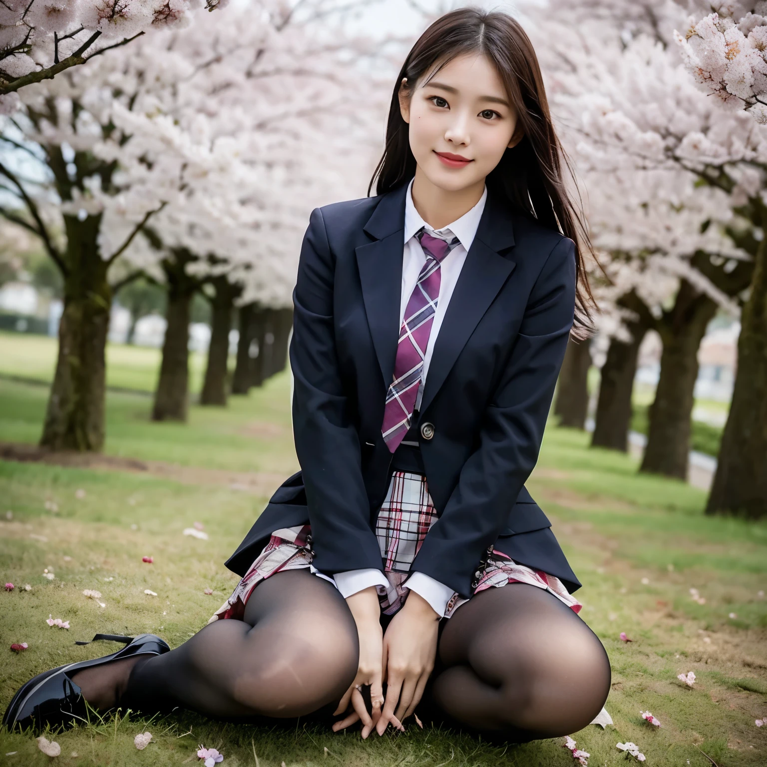 (8K), (highest quality: 1.2), (realistic), (realistic: 1.37), ultra high resolution, (1 girl:1.2), cute, smile, closed mouth, beautiful details, beautiful nose, wet hair, giant dulcefo, pork, thighs，self snap,cherry blossoms,sunny day,University Student Uniform,simple blazer,pleated skirt,(The pattern of the skirt and tie is a tartan check pattern...:1.3),(sitting:1), (Sit with your ass on the ground:1),(Place your hands on your knees:1),opaque tights,from the front