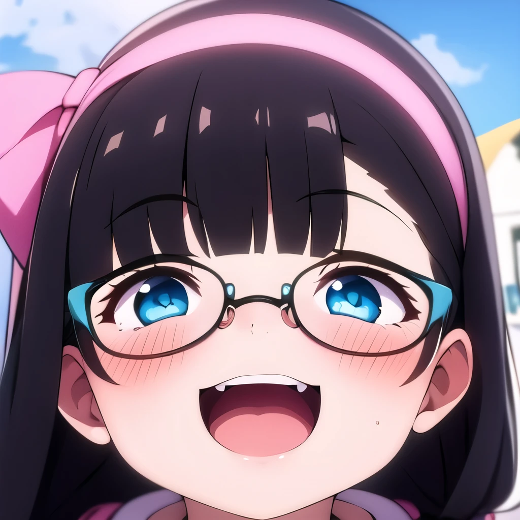 girl, Blue sky and white clouds, wearing silver glasses, happy, happy, cheeks flushed, black hair, Wearing a pink bow headband, Perfect quality, Clear focus (clutter - home: 0.8), (masterpiece: 1.2) (actual: 1.2) (Bokeh) (best quality) (Delicate skin: 1.3) (intricate details) (8K) (Detailed eyes) (sharp focus), (happy)