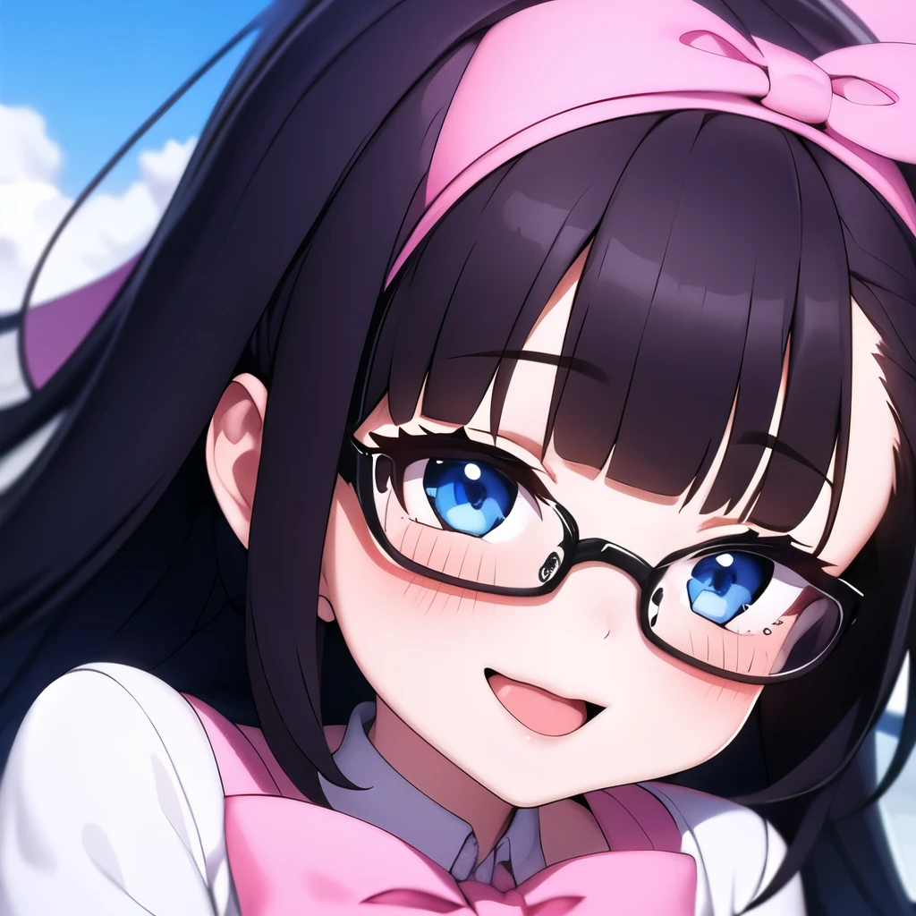 girl, Blue sky and white clouds, wearing silver glasses, happy, happy, cheeks flushed, black hair, Wearing a pink bow headband, Perfect quality, Clear focus (clutter - home: 0.8), (masterpiece: 1.2) (actual: 1.2) (Bokeh) (best quality) (Delicate skin: 1.3) (intricate details) (8K) (Detailed eyes) (sharp focus), (happy)