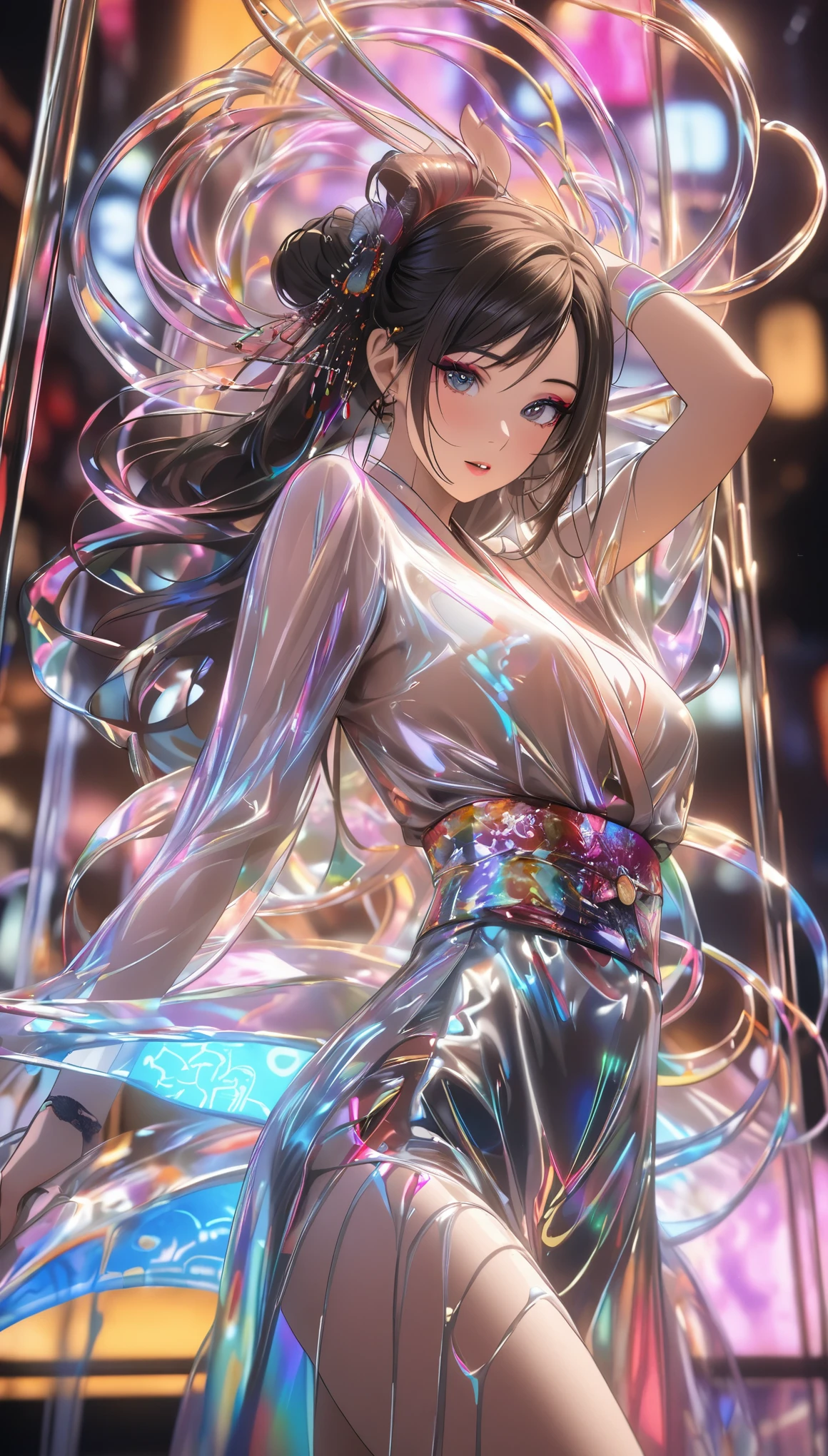 A photo of a Japanese woman in her twenties，Made of shiny white and silver translucent glass and plastic, Geisha makeup and hairstyle, Silver metal interior, dynamic poses, flowing organic structure, Glowing golden circuit, colorful neon decoration, light emitting circuit, neon decoration, Depth of field focus f/2.8, H&#39;s Art.right. jiger, Greg rightutowski