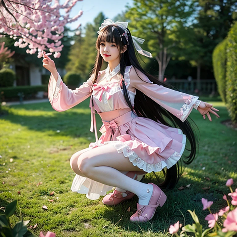 best quality, masterpiece, lifelike, 1 girl, alone, eternal, black hair, Long curly hair, blunt bangs, Smile, pink skirt, pink ta dress, layered skirt, Lolityle long skirt,分層連衣裙 lace-trimmed 裙子, decorate, lace, long sleeve, puff sleeves, wide sleeves, Transparent sleeves, hair accessories, 在flower园里, flower, Detailed background, delicate face,pink blush,white及膝襪, Pink shoes,cold,Lots of lace,((masterpiece))、(top quality)、8K、high detail、super detailed、 21 years old female,穿着pink lolita d((dreamy atmosphere:1.1))、Seductive and whimsical style、masterpiece、born、Scenes resembling fairy tale illustrations、intricate details展示了洛丽塔礼服的荷叶边和复杂的设计、capricious、 beautifully、Dream aesthetics、「𝓡𝓸𝓶𝓪𝓷𝓽𝓲𝓬、ethereal、charming、fickle、magic」、realism、Visual effects、FXAA、SSAO、shader、voiceless、environmental lighting、Tone mapping、High resolution、ultra high definition、megapixel、(8K resolution:1.10)、8K、8K resolution、high detail、intricate details、 (high quality:1.2、masterpiece:1.2、:1.21)、(21 years old female:1.21)、(興奮地Smile)、(Surrounded by the dreamy atmosphere of an amusement par色洛丽塔连衣裙、Her eyes were full of surprise and joy、I took a lot of geek photos、High heel、Model diagram,full-body shot,Knee-high white的 lace socks,Sweet Lolita,Normafeet,Pink shoes,Baotou shoes,full-body shot,don't bare your fingers,Emphasize the volume of the skirt,Expose panties,huge breasts,white,The skirt flew up,Low-cut nudity,hair accessories,big skirt dress,If you shoot from a certain angle you can see my panties,permanent,The skirt floated up
