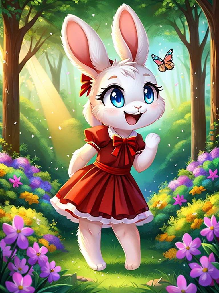 zoomed out image, ((solo character)), cute style art, fantasy style art, cute, adorable, short character, small, tiny little fluffy female white bunny with blue eyes, 4 ears, 2 extra ears, big floppy ears, long ears, ears perked up, raised ears, long eyelashes, poofy rabbit tail, wearing a red frilly ribbon dress, smiling, standing in a colorful fantasy forest, soft tones, big expressive smile, open mouth, wide eyes, excited eyes, excited face, stunning visuals, sunlight coming through the trees, flowers scattered in the bushes, butterflies in the air, digital illustration