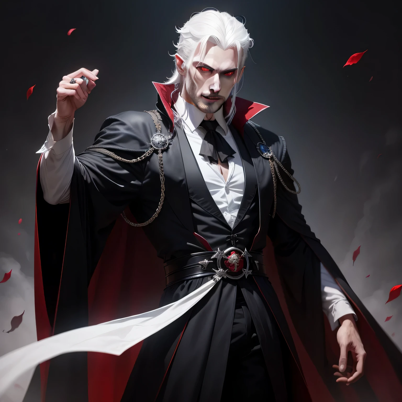 A male dracula with white hairs and white big teeths red eyes wearing a black lavish robe highest quality fantasy world masterpiece dark background 