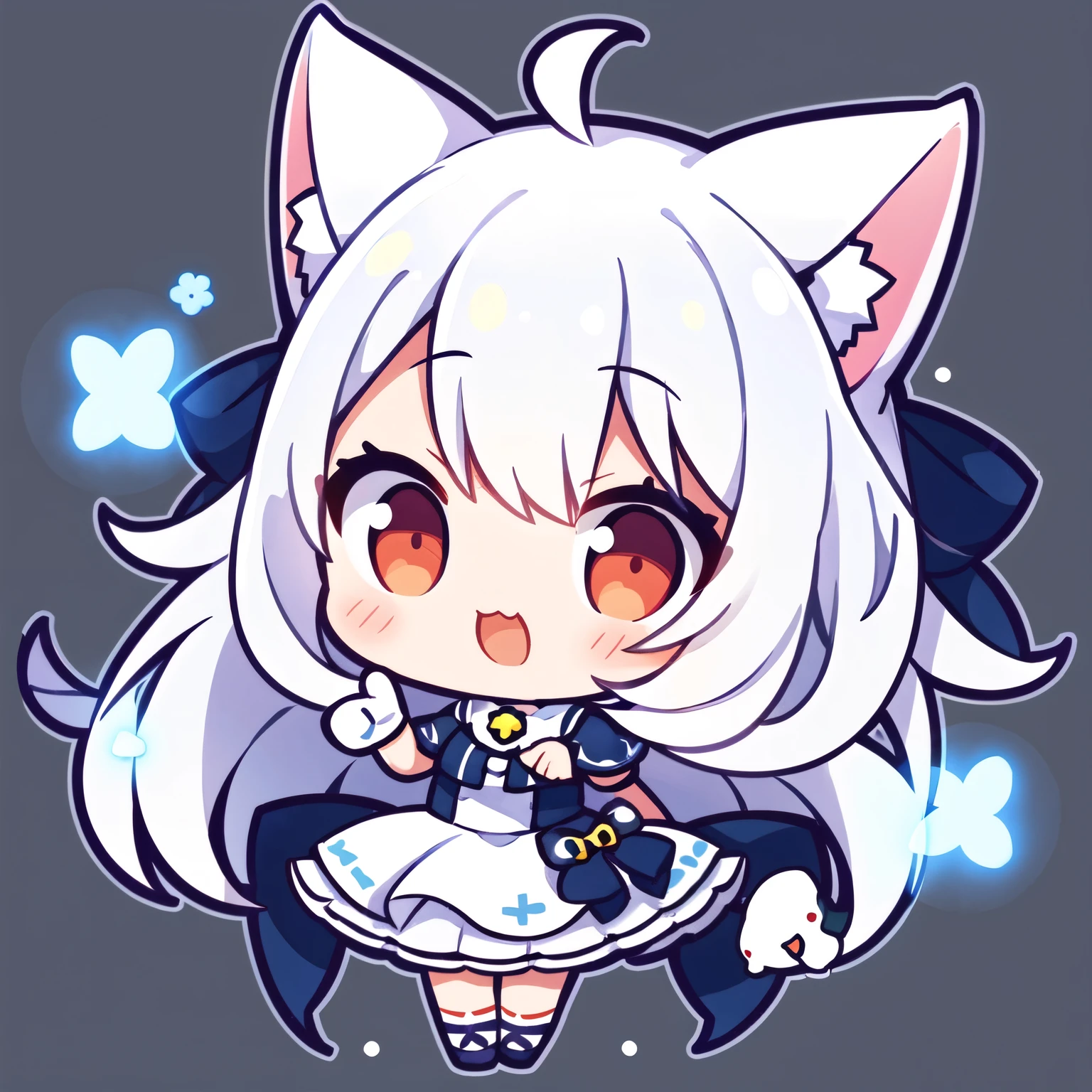 1girl, chibi, thumb up, white cat ears, white hair, white , red eyes