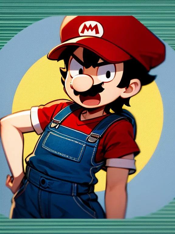 "LEE LEMON" Closeup of cute chibi Mario, wearing his iconic red hat with the white "M" on it and blue overalls. His mustache is visible in front view. The background has the Super Mario Bros world in a simple cartoon style. It is vector art with flat colors, drawn in the style of Adrian Tomine and the product design studio.