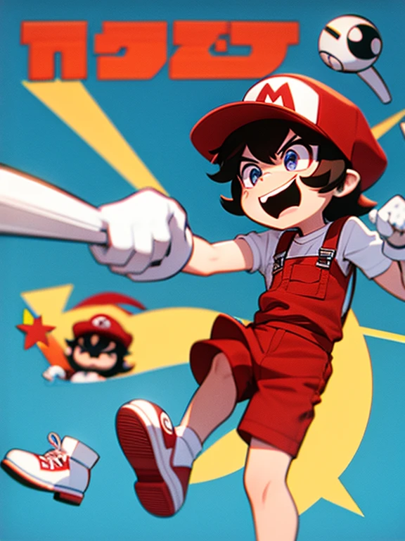 
"LEE LEMON" Closeup of cute chibi Mario, wearing his iconic red hat with the white "M" on it and blue overalls. His mustache is visible in front view. The background has the Super Mario Bros world in a simple cartoon style. It is vector art with flat colors, drawn in the style of Adrian Tomine and the product design studio.