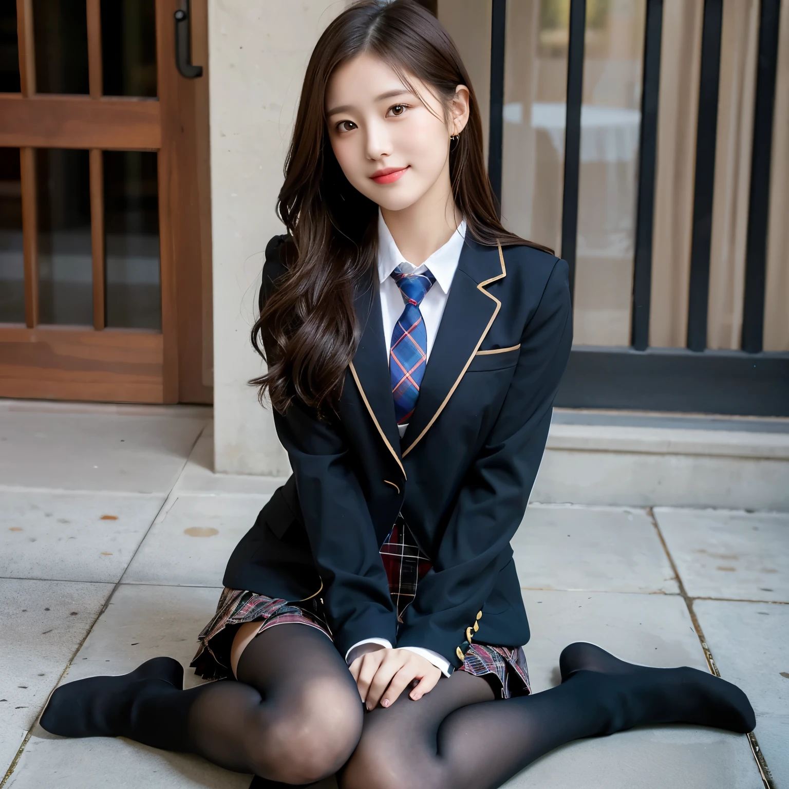 (8K), (highest quality: 1.2), (realistic), (realistic: 1.37), ultra high resolution, (1 girl), cute, smile, closed mouth, beautiful details, beautiful nose, wet hair, giant dulcefo, pork, thighs，self snap,University Student Uniform,simple blazer,pleated skirt,(The pattern of the skirt and tie is a tartan check pattern...:1.3),(sitting:1), sit on the ground,(hugging own legs:1),opaque tights,from the front
