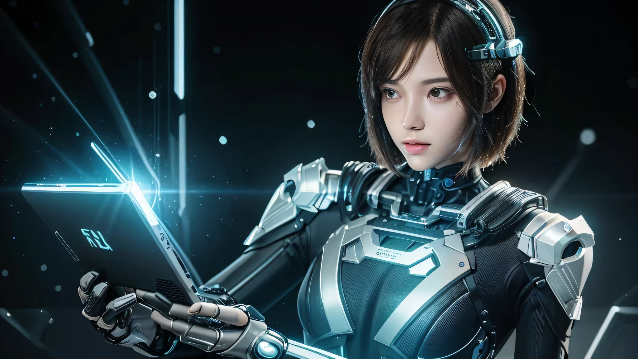 ((highest quality)), ((masterpiece)), (very detailed:1.3), 3D, beautiful (cyber punk:1.3) Female hacker with short brown hair poses for a photo shoot, (A slim silicone cyber suit that fits snugly to the body:1.4) computer server, LCD Screen, fiber optic cable, HDR (high dynamic range), ray tracing, NVIDIA RTX, super resolution, unreal 5, scattered below the surface, PBR texturing, Post-processing, anisotropic filtering, written boundary depth, Maximum clarity and sharpness, multilayer texture, Albedo and specular maps, surface shading, Accurate simulation of light-matter interactions, perfect proportions, octane rendering, two-tone lighting, Low ISO, White balance, Rule of thirds, Wide aperture, 8,000 students, efficient subpixel, subpixel convolution, luminescent particles,perfect body,(Lie:1.3)