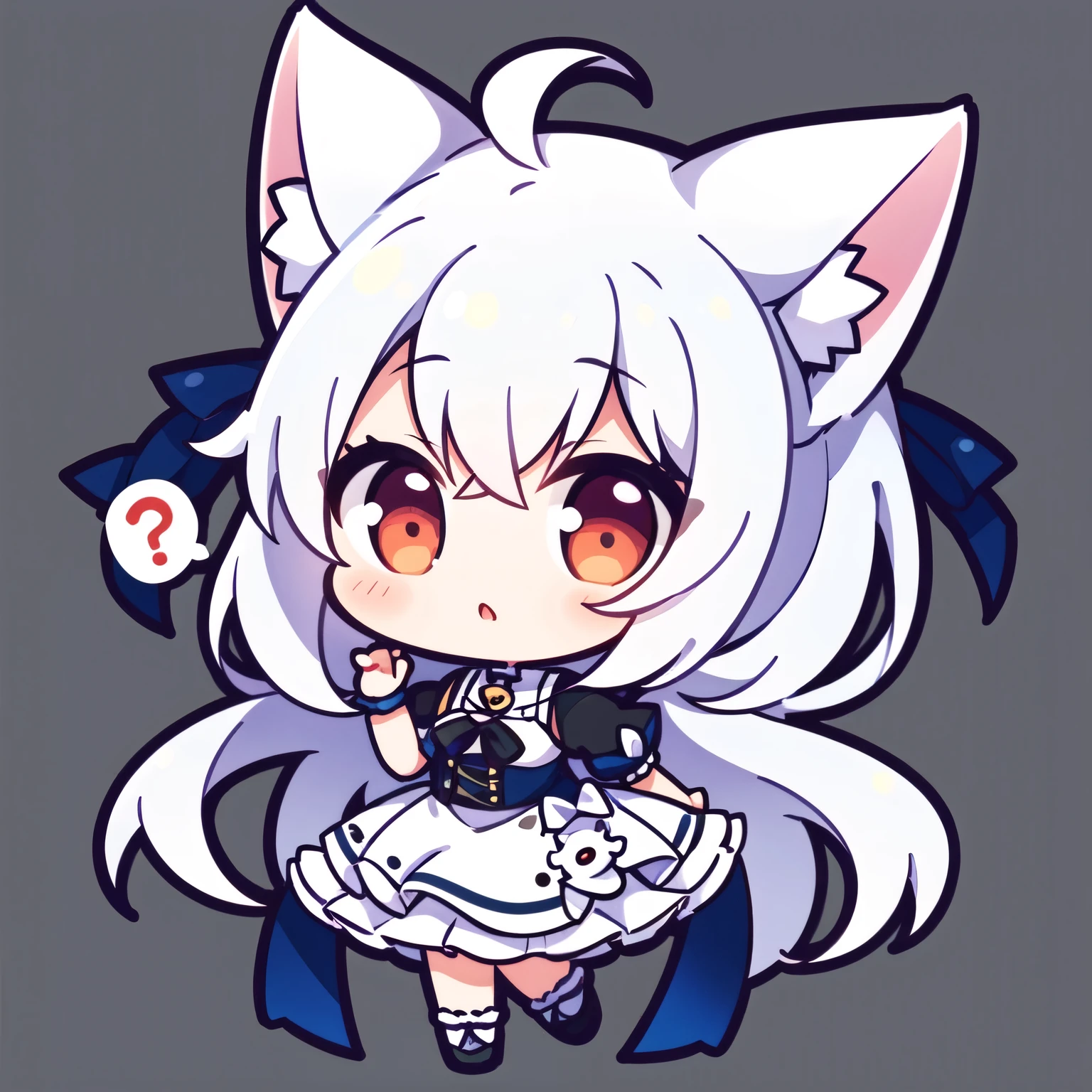 1girl, chibi, spoken question mark, white cat ears, white hair, white , red eyes