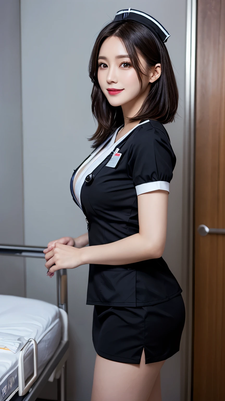 (1 Ultimate Beautiful Mature Nurse)、hyperdetailed face、Detailed lips、detailed eyes、double eyelids、((Black bob hair))、(nurse's uniform:1.3)、(Glamorous body)、(Huge breasts)、smile、thighs thighs thighs thighs, Perfect fit, Perfect image realism, Background with: (Hospital Patient Rooms:1.2), Cowboy Shot, Meticulous background with, detailed costume, Perfect litthing、Hyper-Realism、(Photorealsitic:1.4)、8K maximum resolution, (​masterpiece), highly detailed, Professional