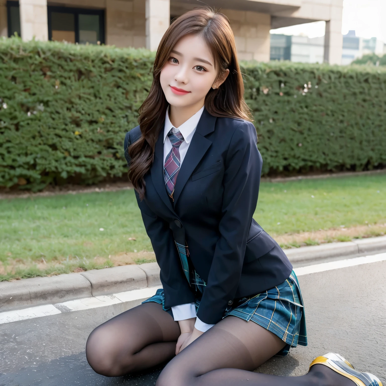 (8K), (highest quality: 1.2), (realistic), (realistic: 1.37), ultra high resolution, (1 girl), cute, smile, closed mouth, beautiful details, beautiful nose, wet hair, giant dulcefo, pork, thighs，self snap,University Student Uniform,simple blazer,pleated skirt,(The pattern of the skirt and tie is a tartan check pattern...:1.3),(sitting:1), sit on the ground,(hugging own legs:1),opaque tights,from the front