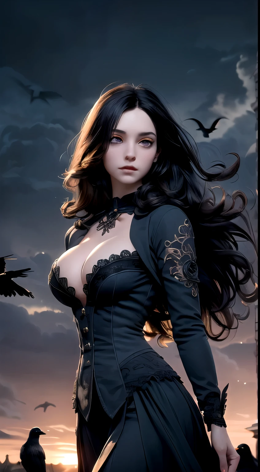 An extremely detailed portrait of an demoniac beautiful gothic vampire woman in a victorian decorum, perfect body, (realistic mature woman), ((detailed Background)), (detailed grey sky), (detailed gothic suit), (detailed eyes). (dramatic lightinasterpiece)), ((crows)), ((perfect detailed hands)), detailed cloud, ((intricate detail)), (((mature woman))), red Jewel-like eyeloating Strands of hair), black long hair, ((())), (Haze), moonlight, ((surrounded by floating feathers and leafocus on the subject, chiaroscuro, wind, road, church, HD wallpaper, UHD image