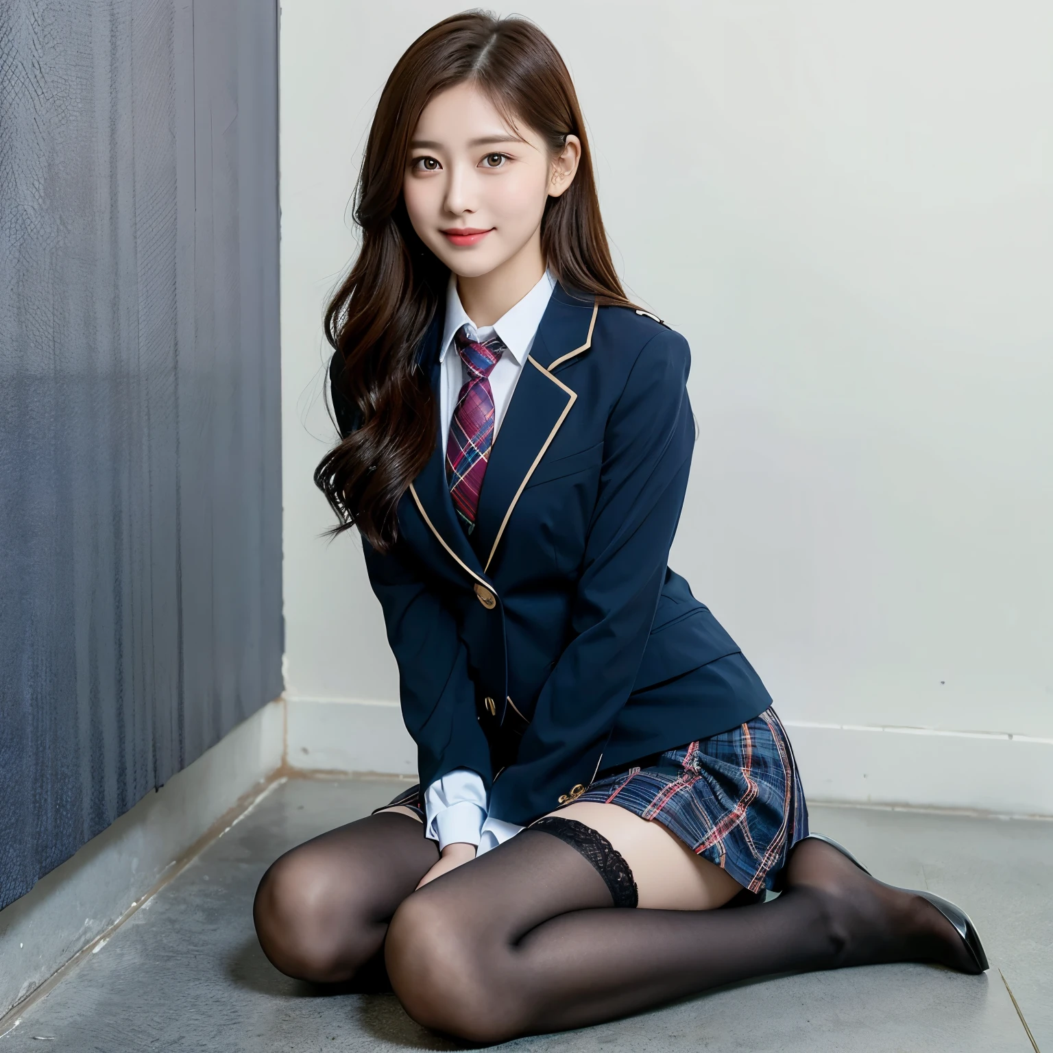 (8K), (highest quality: 1.2), (realistic), (realistic: 1.37), ultra high resolution, (1 girl), cute, smile, closed mouth, beautiful details, beautiful nose, wet hair, giant dulcefo, pork, thighs,self snap,University Student Uniform,simple blazer,pleated skirt,(The pattern of the skirt and tie is a tartan check pattern...:1.3),(sitting:1), sit on the ground,(hugging own legs:1),opaque tights,from the front
