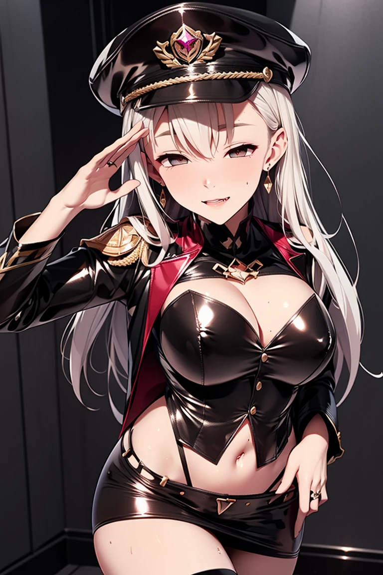 2girls, standing, (salute), gold earrings, large breasts, jewelry, military cap, (military uniform), (epaulette), jacket, harness, thigh strap, black thigh boots, (layered skirt), miniskirt, corruption, empty eyes, half-closed eyes, evil smile, no pupils, smirk, 1girl, ((milf)), mature female, married woman, dark theme, dark persona, skindentation, wide hips, sfw