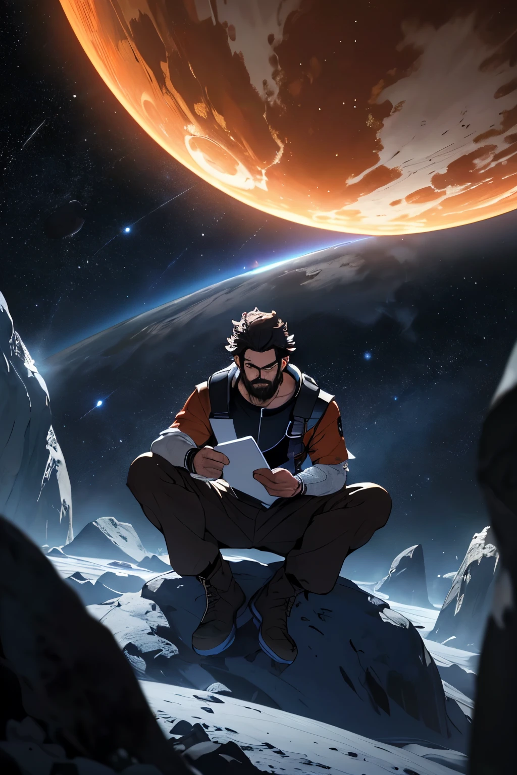 Desenhe um jovem programador, sitting on a research platform floating in the middle of an asteroid belt. He is studying with a notebook, surrounded by several asteroids glowing with fiery auras. Dramatic lighting from distant stars and planets illuminates the scene, casting deep shadows on the costume. O jovem parece confiante e determinado, looking at the vast and mysterious universe with awe and respect,Facial hair, tiro de vaqueiro,