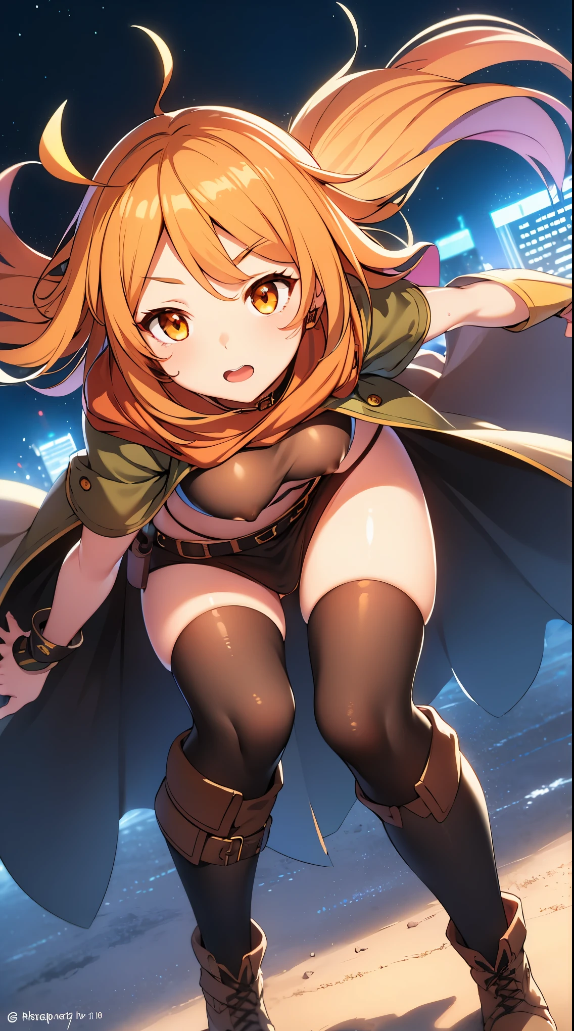 orange eyes light,richly faded light orange hair, anime 1girl, no skirt, brown military boots, pouch on the waist belt, khaki bikini, "black tights", "dark_orange knee pad on right leg",( night city:1.4), black long cloak, (good hand:1.5 ) good legs, (Good face: 1.5), 1girl, best hand, no worst hand. without clothes, in big city, khaki t-shirt, best face, very good face, hyper detail, colorful, nsfw:1.5