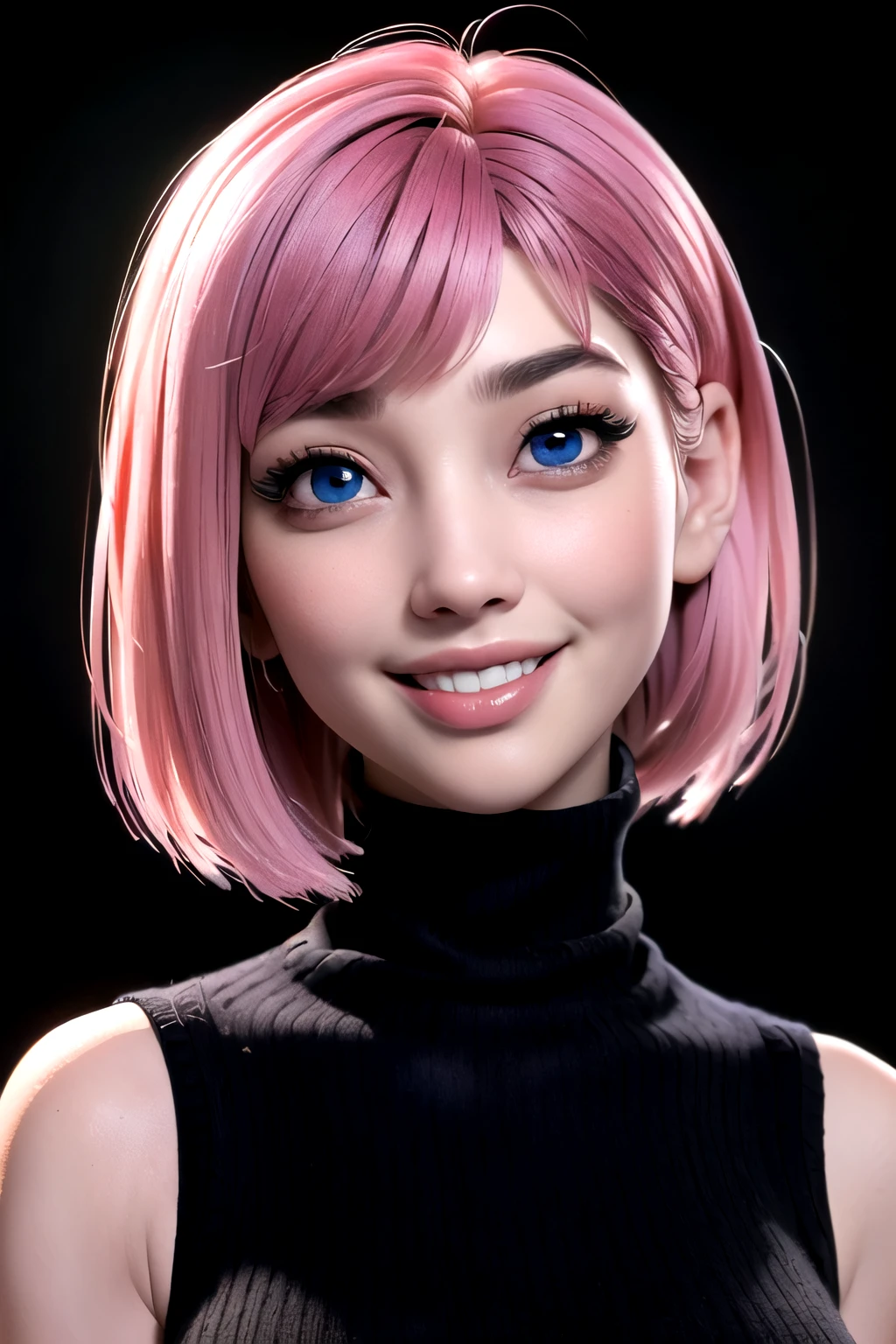 (best quality, 4k, 8k, high-res, masterpiece:1.2), ultra-detailed, (realistic, photorealistic, photo-realistic:1.37), (beautiful detailed eyes, beautiful detailed lips, extremely detailed eyes and face:1.5), (environmental lighting:1.5), physically-based rendering, vivid colorig tits, super big , super extra big tits:1.5), (black color, sleeveless turtleneck knit:1.5), (natural smile:1.5), (bob cut, pink hair color, hair blowing in the wind, shiny hair, shiny skin), (park, blurred background:1.37), (tilt your head to the side:1.5),