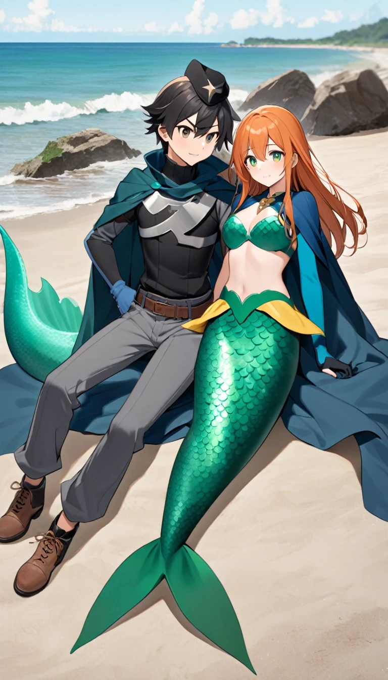 Mermaid girl with short blonde hair and blue eyes having vaginal sex with a muscular red-haired boy with blue eyes and a tattoo on the beach, rocks by the sea at night NSFW
