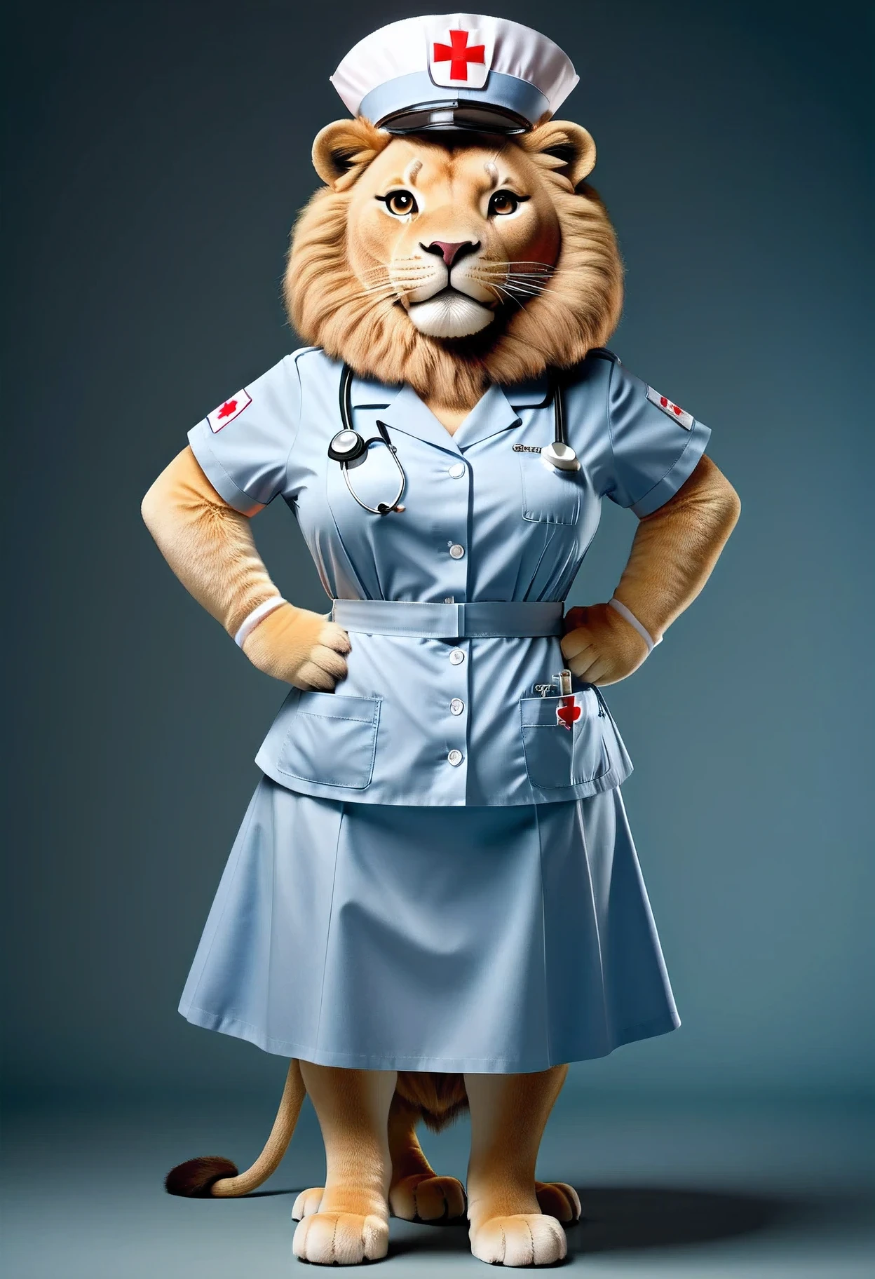 photorealistic portrait of Dressed animals - a ((fat)) lion nurse,(hands on hips:1.2),(), high quality,(lovely) ,intricate details, highly detailed (( nurse costume)), wearing nurse cap and skirt , highly detailed medical equipment , (happy), studio lighting,(),(simple background)