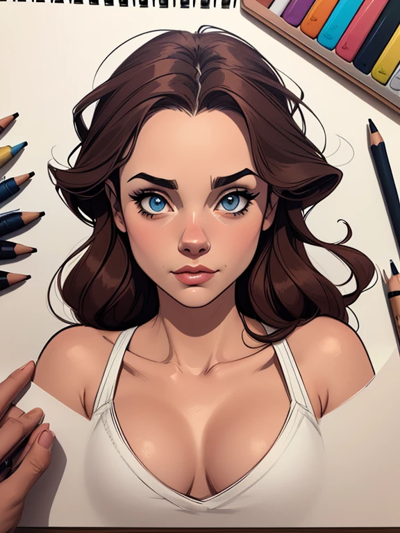 Personagem mulher PinUp dos anos 30 com marcas de guerras Imagem de desenho animado de uma mulher .Ilustra??o estilo desenho animado, estilo de arte dos desenhos animados, estilo de arte dos desenhos animados, digital illustration style, design de personagens altamente detalhado, arte digital detalhada coragem, Forest fan art, Design de personagens de retrato, beautiful digital illustration, retrato de alta qualidade, Arte em quadrinhos, mulher jovem cabelo com transas lindas . Beautiful lined eyes Medium large bust and wonderful sexy clothes. image expression of sexual desire from waist to uniform illustration Jennifer Connelly Fallout 23