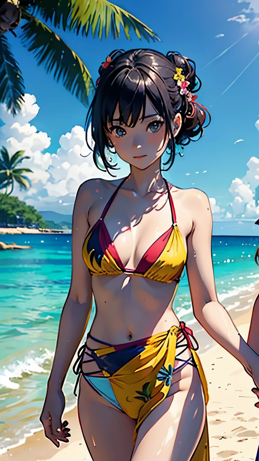 [ 4K digital art ]、((highest quality, masterpiece, High resolution))、((anime art))、 ((reality))、beautiful japanese woman、((two women))、18-year-old、((They are friends))、(((Two girls holding hands、walk on the beach)))、(Detailed depiction of a beautiful face)、smile gently、small breasts、slim body shape、medium short hair、semi-long、bun hair、Wet see-through bikini、(Wrap your waist in fabric with bold ethnic patterns and plenty of primary colors.。.)、realistic skin、Wet、full body、No zoom、No close-ups、(Beautiful tropical beach landscape photography)、cinematic light、tropical、(flowers on the beach)、Against the background of palm trees、on a sunny beach、With the sea in the background、squall、rainbow、blur background、