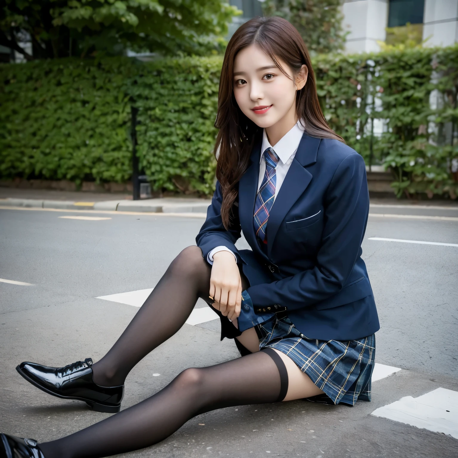 (8K), (highest quality: 1.2), (realistic), (realistic: 1.37), ultra high resolution, (1 girl), cute, smile, closed mouth, beautiful details, beautiful nose, wet hair, giant dulcefo, pork, thighs，self snap,University Student Uniform,simple blazer,pleated skirt,(The pattern of the skirt and tie is a tartan check pattern...:1.3),(sitting:1), sit on the ground,(hugging own legs:1),opaque tights,from the front