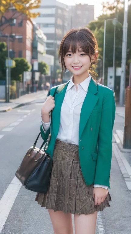 (masterpiece、8K、pieces fly、Raw photo:1.4)、High resolution、((Composition slightly away from the subject))、((A large full-body photo from face to eyes、cute little face、japanese woman、facing forward、stand with both feet together、because I&#39;thin、stand up with good posture、Residential area in the morning、realistic、14 year old junior high school girl、bus stop、I was waiting alone、hang your school bag on your shoulder、Japanese、height: 150cm、、delicate body、small breasts、Green Blazer Uniform、girl 、plaid skirt、elegant young teenage woman、brown loafers leather shoes、please keep your feet on the ground、full body shot、full body shot、Neat hairstyle details、かなりthin脚、Look at the viewer with a grin