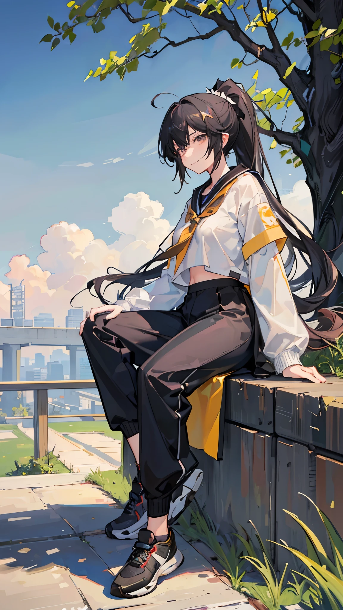 black hair, ahoge, ponytail, parted bangs, grin, happy, black eyes, young girl, very high, robust, Wheat skin, Chinese girl, Sitting under the tree, Bold and unrestrained, Campus background, Clear sky, wave, Side view, full-body shot, anime style, backlighting, 8k, super detail, UHD, high details, anatomically correct,校服trousers,trousers,Black running shoes,sports student,athlete,Handsome woman,The bodhisattva sits,sit on the ground,Sit under a tree,No skirt