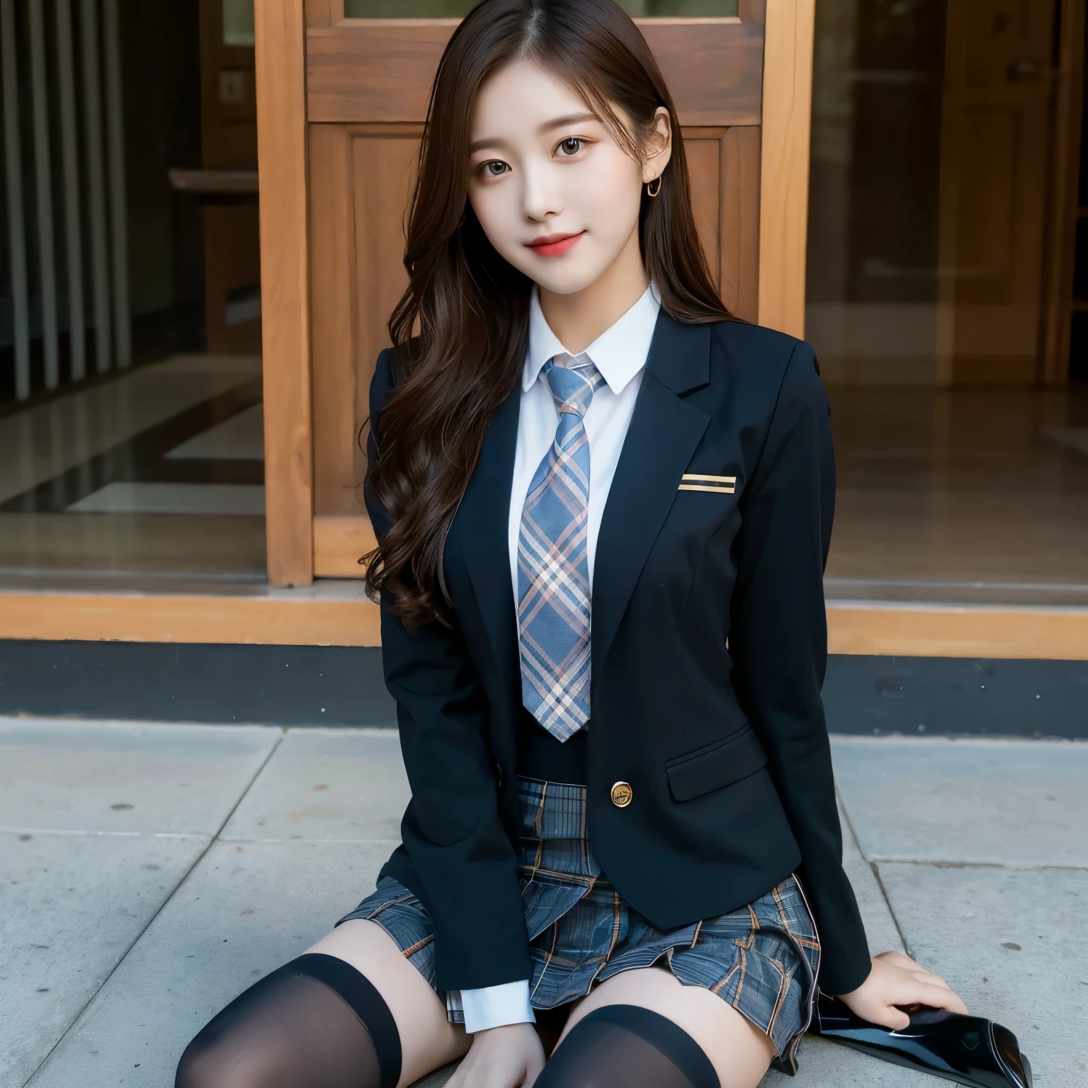 (8K), (highest quality: 1.2), (realistic), (realistic: 1.37), ultra high resolution, (1 girl), cute, smile, closed mouth, beautiful details, beautiful nose, wet hair, giant dulcefo, pork, thighs,self snap,University Student Uniform,simple blazer,pleated skirt,(The pattern of the skirt and tie is a tartan check pattern...:1.3),(sitting:1), sit on the ground,(hugging own legs:1),opaque tights,from the front