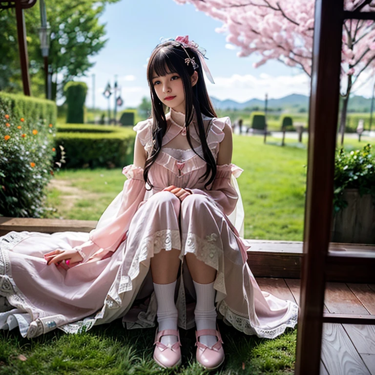 best quality, masterpiece, lifelike, 1 girl, alone, eternal, black hair, Long curly hair, blunt bangs, Smile, pink skirt, pink ta dress, layered skirt, Lolityle long skirt,分層連衣裙 lace-trimmed 裙子, decorate, lace, long sleeve, puff sleeves, wide sleeves, Transparent sleeves, hair accessories, 在flower园里, flower, Detailed background, delicate face,pink blush,white及膝襪, Pink shoes,cold,Lots of lace,((masterpiece))、(top quality)、8K、high detail、super detailed、 21 years old female,穿着pink lolita d((dreamy atmosphere:1.1))、Seductive and whimsical style、masterpiece、born、Scenes resembling fairy tale illustrations、intricate details展示了洛丽塔礼服的荷叶边和复杂的设计、capricious、 beautifully、Dream aesthetics、「𝓡𝓸𝓶𝓪𝓷𝓽𝓲𝓬、ethereal、charming、fickle、magic」、realism、Visual effects、FXAA、SSAO、shader、voiceless、environmental lighting、Tone mapping、High resolution、ultra high definition、megapixel、(8K resolution:1.10)、8K、8K resolution、high detail、intricate details、 (high quality:1.2、masterpiece:1.2、:1.21)、(21 years old female:1.21)、(興奮地Smile)、(Surrounded by the dreamy atmosphere of an amusement par色洛丽塔连衣裙、Her eyes were full of surprise and joy、I took a lot of geek photos、High heel、Model diagram,full-body shot,Knee-high white的 lace socks,Sweet Lolita,Normafeet,Pink shoes,Baotou shoes,full-body shot,don't bare your fingers,Emphasize the volume of the skirt,Expose panties,huge breasts,white,The skirt flew up,Low-cut nudity,hair accessories,big skirt dress,If you shoot from a certain angle you can see my panties,permanent,The skirt floated up