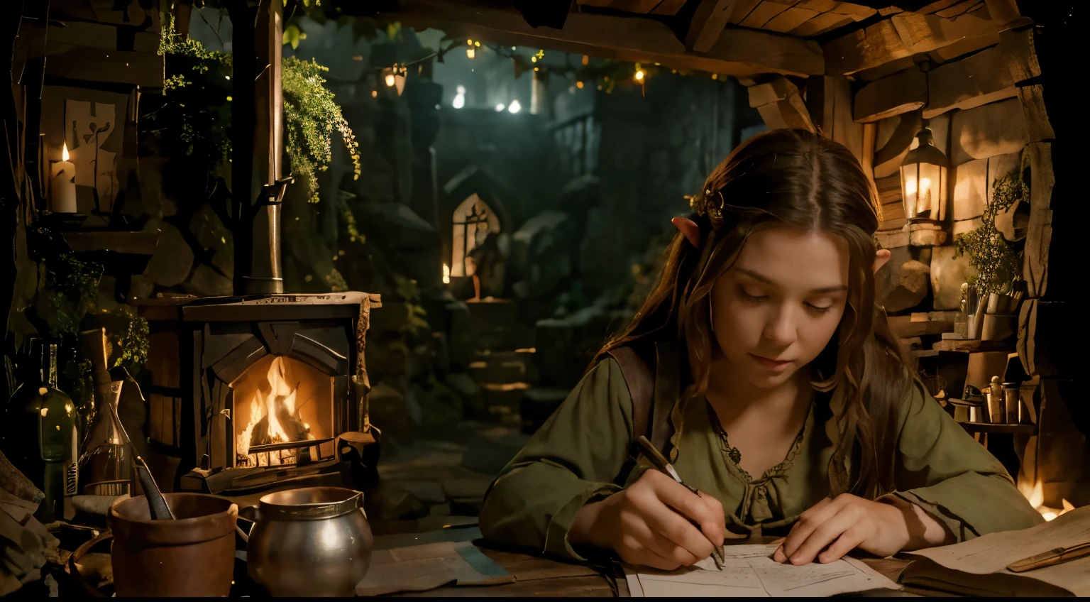 hobbit tavern, a pretty hobbit medieval elf girl writting in a old paper, fireplce back ( do it more detailed )