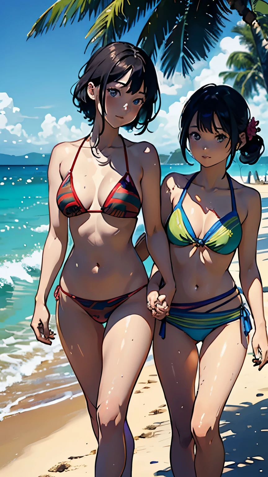 [ 4K digital art ]、((highest quality, masterpiece, High resolution))、((anime art))、 ((reality))、beautiful japanese woman、((two women))、18-year-old、((They are friends))、(((Two girls holding hands、walk on the beach)))、(Detailed depiction of a beautiful face)、smile gently、small breasts、slim body shape、medium short hair、semi-long、bun hair、Wet see-through bikini、(Wrap your waist in fabric with bold ethnic patterns and plenty of primary colors.。.)、realistic skin、Wet、full body、No zoom、No close-ups、(Beautiful tropical beach landscape photography)、cinematic light、tropical、(flowers on the beach)、Against the background of palm trees、on a sunny beach、With the sea in the background、squall、rainbow、blur background、