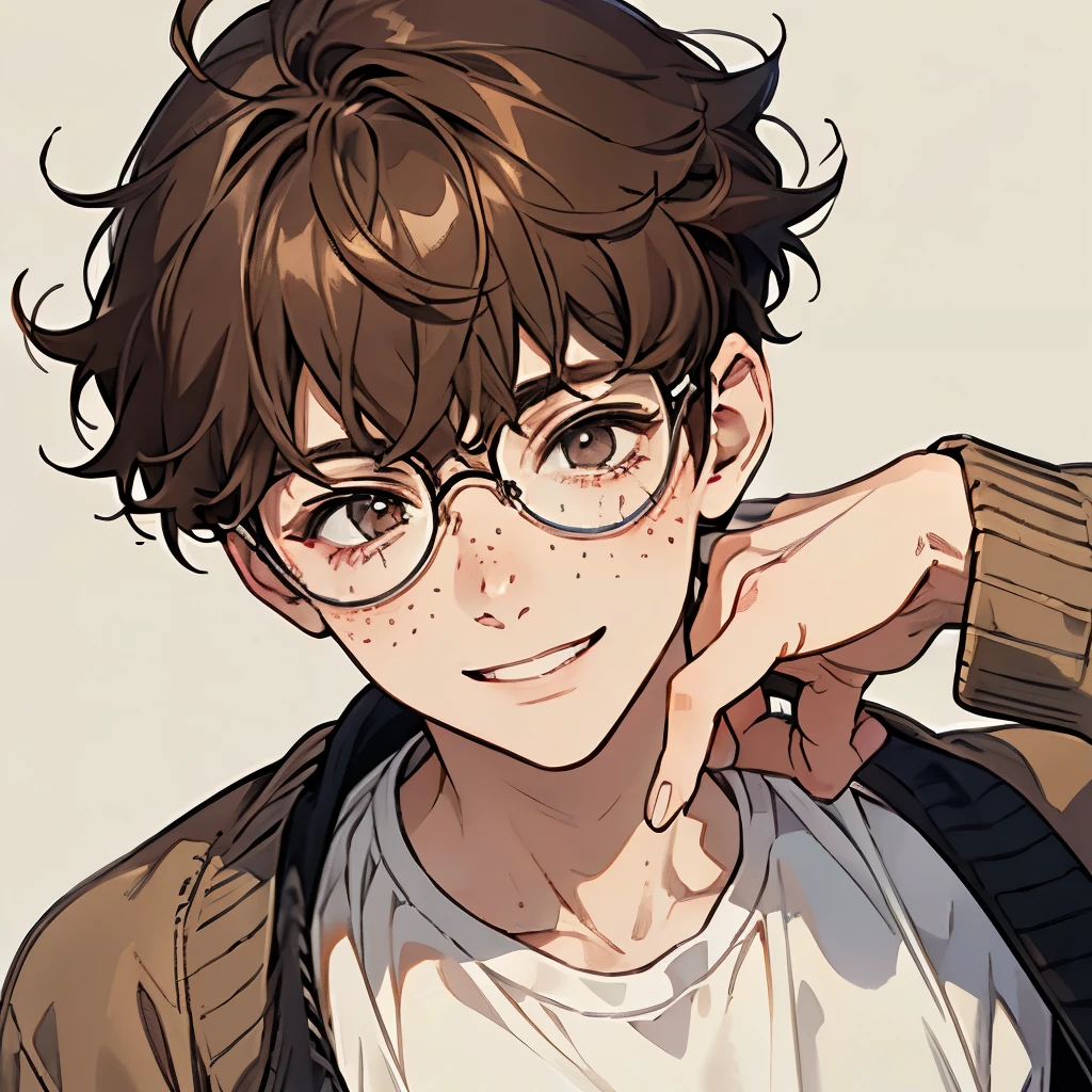Young male, freckles, round glasses, innocent, smile, brown hair, dark eyes, pale skin, curly hair, childish, cute boy, shy