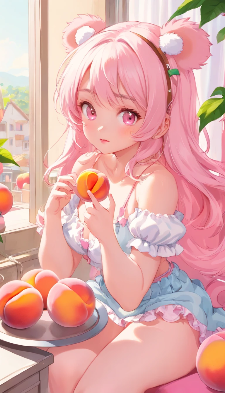 nyotaimori, lying on bed, vegetable, fruit, whipped cream, masterpiece, best quality, ultra detailed, bedroom, on bed, blush, Pink Hair, Long Hair, hair ornaments, (nude:1.3)