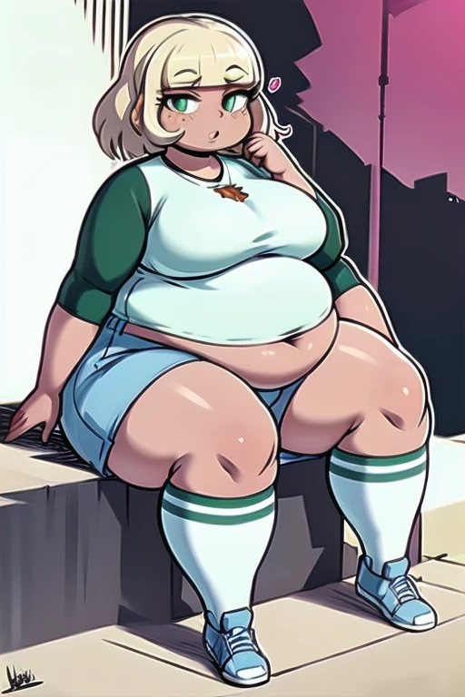 1girl, solo, bangs, blonde hair, shirt, long sleeves, jewelry, sitting, green eyes, full body, white shirt, shoes, shorts, socks, signature, dark skin, mole, dark-skinned female, kneehighs, mole under eye, white socks, blue shorts, outline, white outline, raglan sleeves, bbw, plump, large belly, large breasts, large thighs, love handles, wide hips, weight gain,