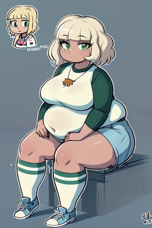 1girl, solo, bangs, blonde hair, shirt, long sleeves, jewelry, sitting, green eyes, full body, white shirt, shoes, shorts, socks, signature, dark skin, mole, dark-skinned female, kneehighs, mole under eye, white socks, blue shorts, outline, white outline, raglan sleeves, bbw, plump, large belly, large breasts, large thighs, love handles, wide hips, weight gain,