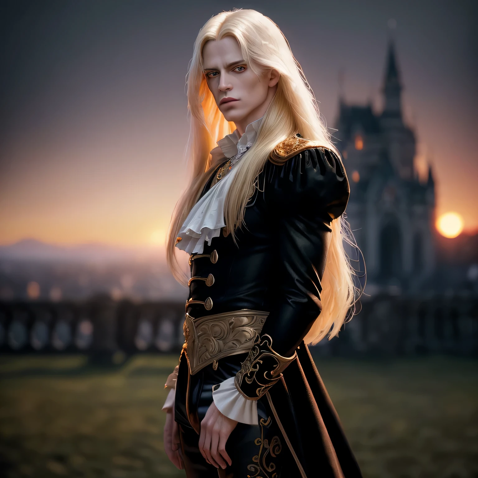 (masterpiece), (extremely intricate:1.3), (realistic), Alucard Tepes, Castlesvania, portrait of a a man, the most beautiful in the world, (black pants and white puffy shirt). (long blond hair), (golden eye), (pale skin), upper body, outdoors, intense sunlight, far away castle, professional photograph of a stunning man detailed, sharp focus, dramatic, award winning, cinematic lighting, octane render unreal engine, volumetrics dtx, (film grain, blurry background, blurry foreground, bokeh, depth of field, sunset, motion blur:1.3),