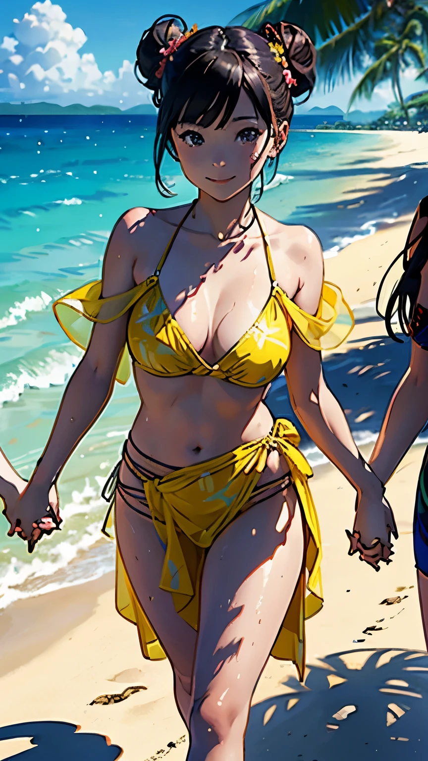 [ 4K digital art ]、((highest quality, masterpiece, High resolution))、((anime art))、 ((reality))、beautiful japanese woman、((two women))、18-year-old、((They are friends))、(((Two girls holding hands、walk on the beach)))、(Detailed depiction of a beautiful face)、smile gently、small breasts、slim body shape、medium short hair、semi-long、bun hair、Wet see-through bikini、(Wrap your waist in fabric with bold ethnic patterns and plenty of primary colors.。.)、realistic skin、Wet、full body、No zoom、No close-ups、(Beautiful tropical beach landscape photography)、cinematic light、tropical、(flowers on the beach)、Against the background of palm trees、on a sunny beach、With the sea in the background、squall、rainbow、blur background、