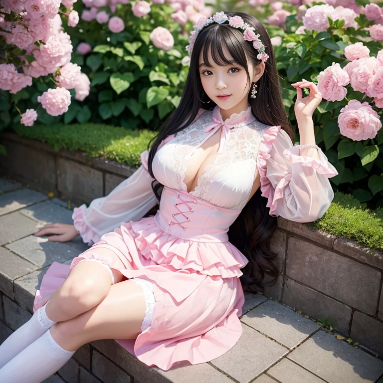 best quality, masterpiece, lifelike, 1 girl, alone, eternal, black hair, Long curly hair, blunt bangs, Smile, pink skirt, pink lolita dress, layered skirt, Lolita style long skirt,分層連衣裙 lace-trimmed 裙子, decorate, lace, long sleeve, puff sleeves, wide sleeves, Transparent sleeves, hair accessories, 在flower园里, flower, Detailed background, delicate face,pink blush,white及膝襪, Pink shoes,cold,Lots of lace,((masterpiece))、(top quality)、8K、high detail、super detailed、 21 years old female,穿着pink lolita dress((dreamy atmosphere:1.1))、Seductive and whimsical style、masterpiece、born、Scenes resembling fairy tale illustrations、intricate details展示了洛丽塔礼服的荷叶边和复杂的设计、capricious、 beautifully、Dream aesthetics、「𝓡𝓸𝓶𝓪𝓷𝓽𝓲𝓬、ethereal、charming、fickle、magic」、realism、Visual effects、FXAA、SSAO、shader、voiceless、environmental lighting、Tone mapping、High resolution、ultra high definition、megapixel、(8K resolution:1.10)、8K、8K resolution、high detail、intricate details、 (high quality:1.2、masterpiece:1.2、:1.21)、(21 years old female:1.21)、(興奮地Smile)、(Surrounded by the dreamy atmosphere of an amusement par色洛丽塔连衣裙、Her eyes were full of surprise and joy、I took a lot of geek photos、High heel、Model diagram,full-body shot,Knee-high white的 lace socks,Sweet Lolita,Normal 2 feet,Pink shoes,Baotou shoes,full-body shot,don't bare your fingers,Emphasize the volume of the skirt,Expose panties,huge breasts,white,The skirt flew up,Low-cut nudity,hair accessories,big skirt dress,If you shoot from a certain angle you can see my panties,permanent,The skirt floated up