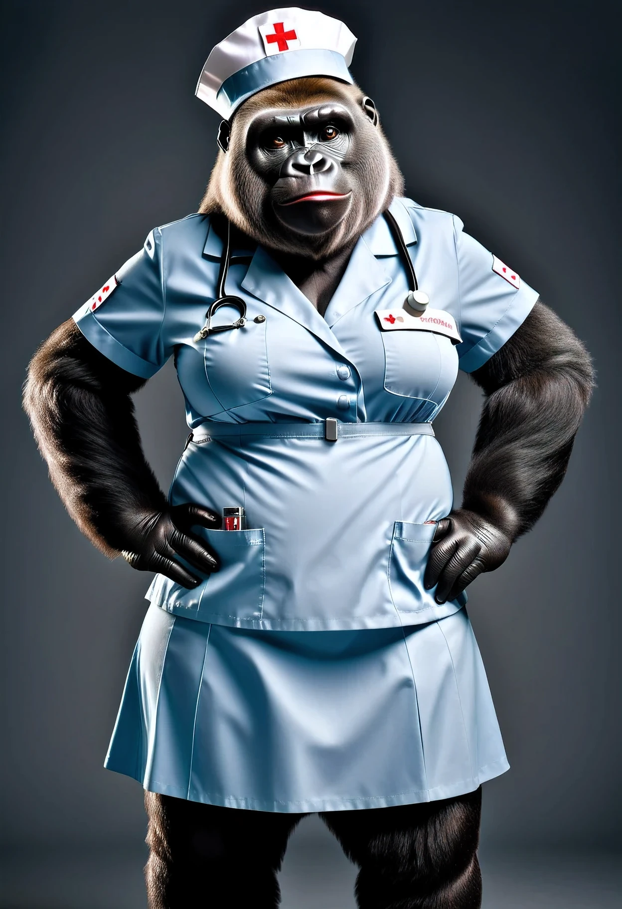 photorealistic portrait of Dressed animals - a ((fat)) gorilla nurse,(hands on hips:1.2),(), high quality,(lovely) ,intricate details, highly detailed (( nurse costume)), wearing nurse cap and skirt , highly detailed medical equipment , (happy), studio lighting,(),(simple background)