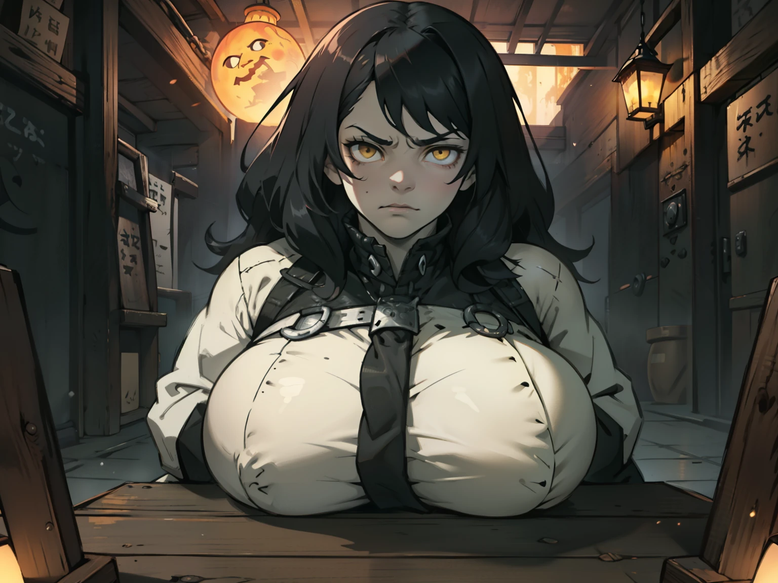 black hair yellow eyes sad expressionless muscular huge breasts pale skin gloomy gloomy gloomy gloomy gloomy pillory pillory