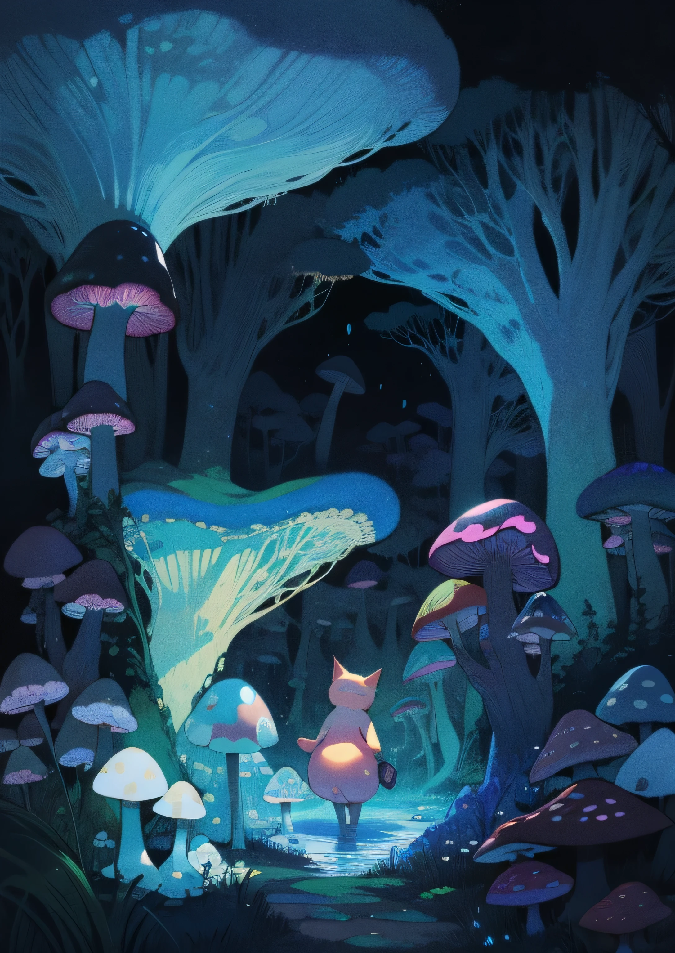 there is a cat that is standing in the middle of a mushroom field, mushroom forest, dreamy illustration, in a magical forest, in the magical forest, digital fantasy illustration, underwater mushroom forest, whimsical fantasy landscape art, wonderland at night, magical forest, fantasy illustration, fairytale illustration, detailed fantasy illustration, magic forest, fairy tale illustration, fantasy book illustration