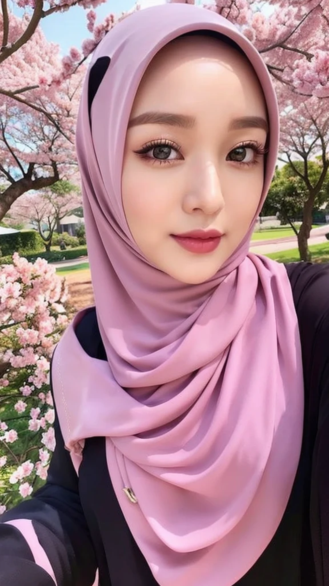 Realistic, ultra sharp, Beautuful Women、hijab, indonesian, cherry blossom、selfee、The face is cute、Vanrak Ayyans appears、1 girl, stylish