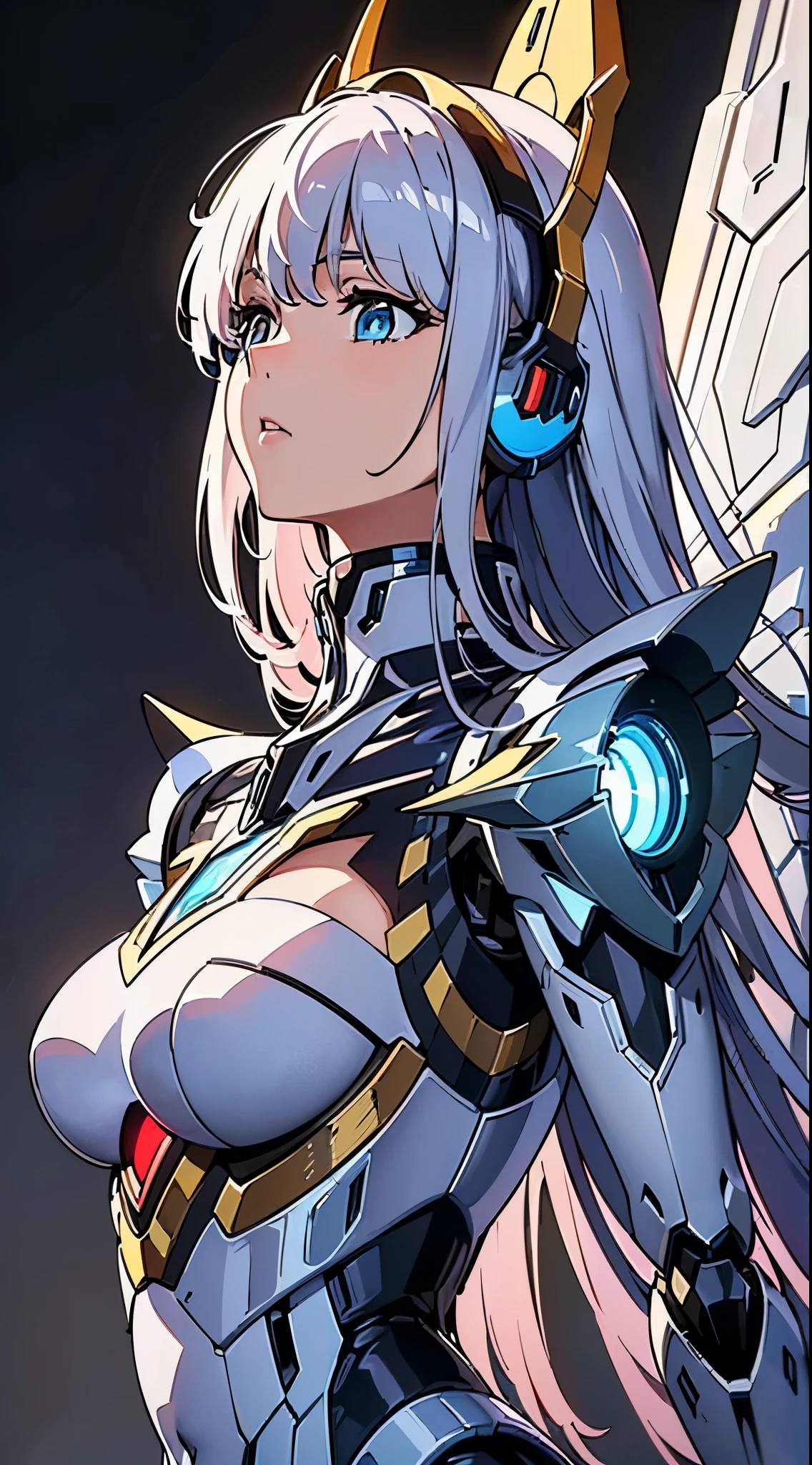 ((Blue shining mechanical eyes:1.3))、((Cyber Headphones:1.3))、((Mechaニカルヘッドギア:1.3))、((8K)), ((32k)), ((highest quality)), ((masterpiece)), ((超A high resolution)), ((T Masterpiece)), fine skin texture, fine cloth texture, fine metal texture、((beautiful and detailed face))、Raw photo、Professional, Ultra-fine painting, ((solo)), ((Mechaエンジェルに扮した女性)), beautiful breasts, concept art, anime fantasy artwork, detailed fantasy art, (Has pale blue-purple hair and large white mechanical wings.,), (((long hair))), (Mecha:1.6)、Sleek and menacing design, ((Armament of the Supreme Commander-in-Chief)), (perfect robot body)、Pure white and blue-purple armor, symmetrical mechanical wings, 8K high quality detailed art, 3D rendering of character art in 8K, clear legs, defined, defined fingers, NSFW、(((head shot:1.3)))