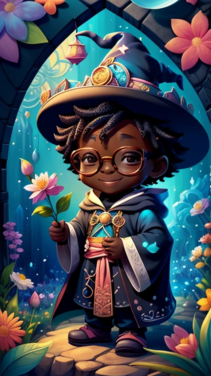 (Cute black baby wizard wearing glasses，Smiling among the magic flowers，Flower wand in hand) munchkin,geometric portrait wall, Art book，art book, Chibi,
yang08k, fair, dyeing,
put up, highest quality, best quality, official art, fair and Aesthetic,