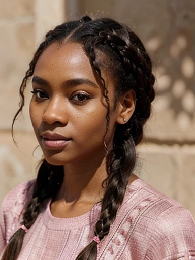 beautiful photo shoot concept of black women wearing beautiful African braids. They should wear cute pink outfit, full glamor maksupinatagram makeup, very realistic skin texture, beige color background, studio photo shoot with shining sun rays and shadows adorning